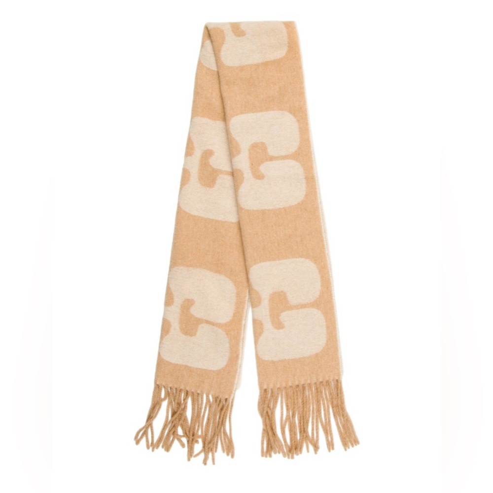GANNI Wool Logo Scarf – Camel & Cream Neutral • Fringe • 100% Wool